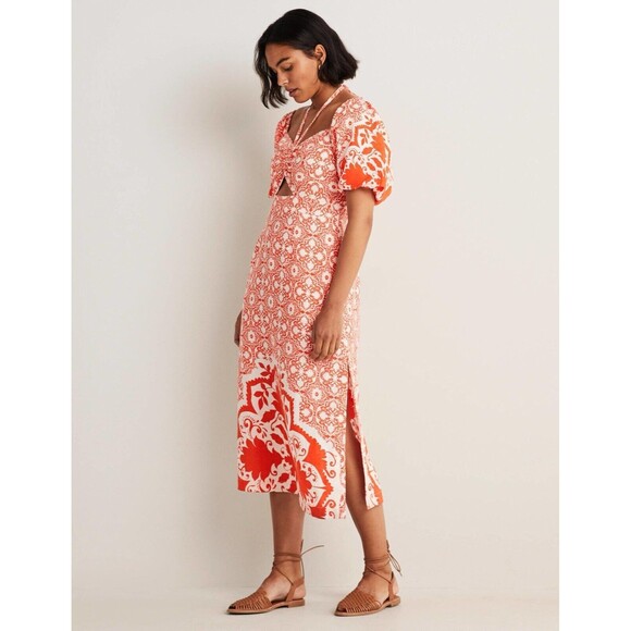 Boden Linen Halter Neck Cutout Column Dress Fire Orange White Size 2 NWT - Picture 2 of 16